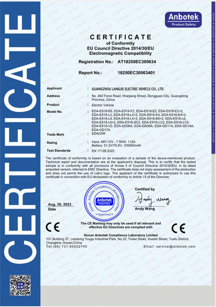 चीन Guangzhou Langjie Electric Vehicle Co., Ltd. प्रमाणपत्र